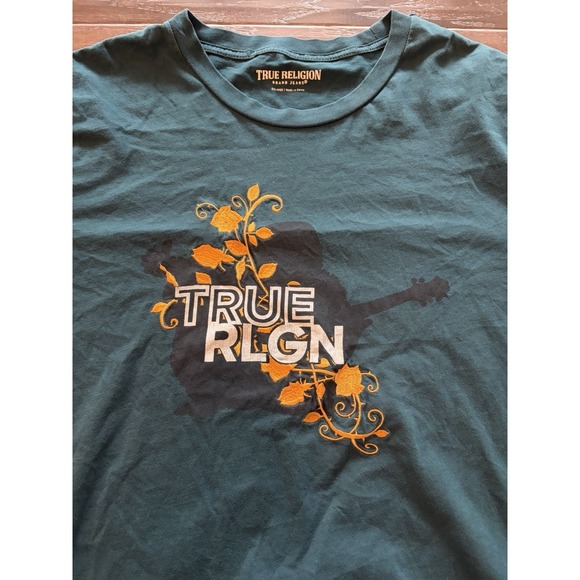 True Religion Other - True Religion Mens 2XL Teal Green Graphic T-Shirt Guitar Floral Embroidered Tee